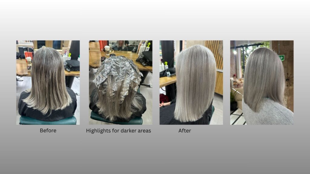 Grey blending before and after adding highlights to darker areas of hair