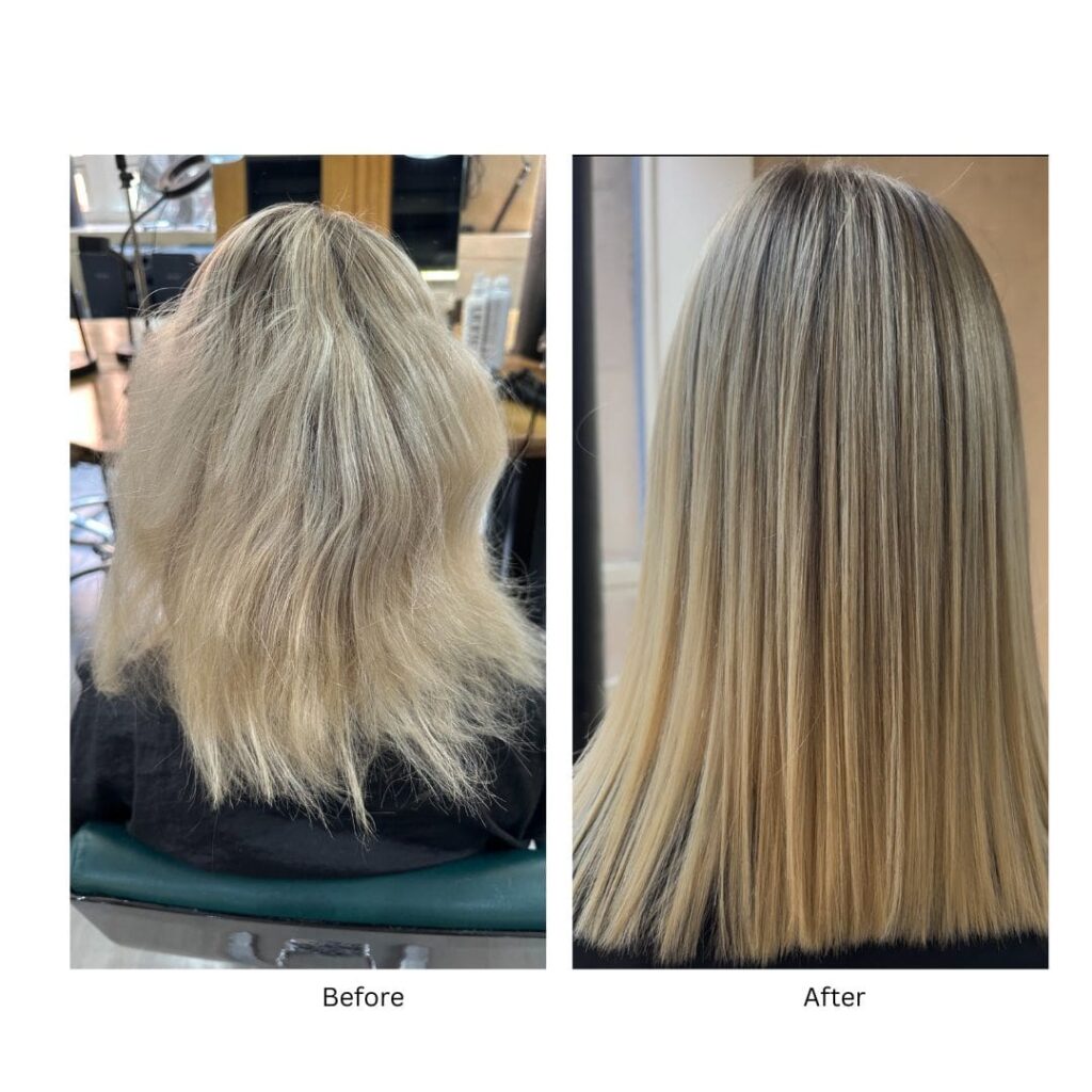 a blonde woman showing her hair before and after a kerastraight treatment