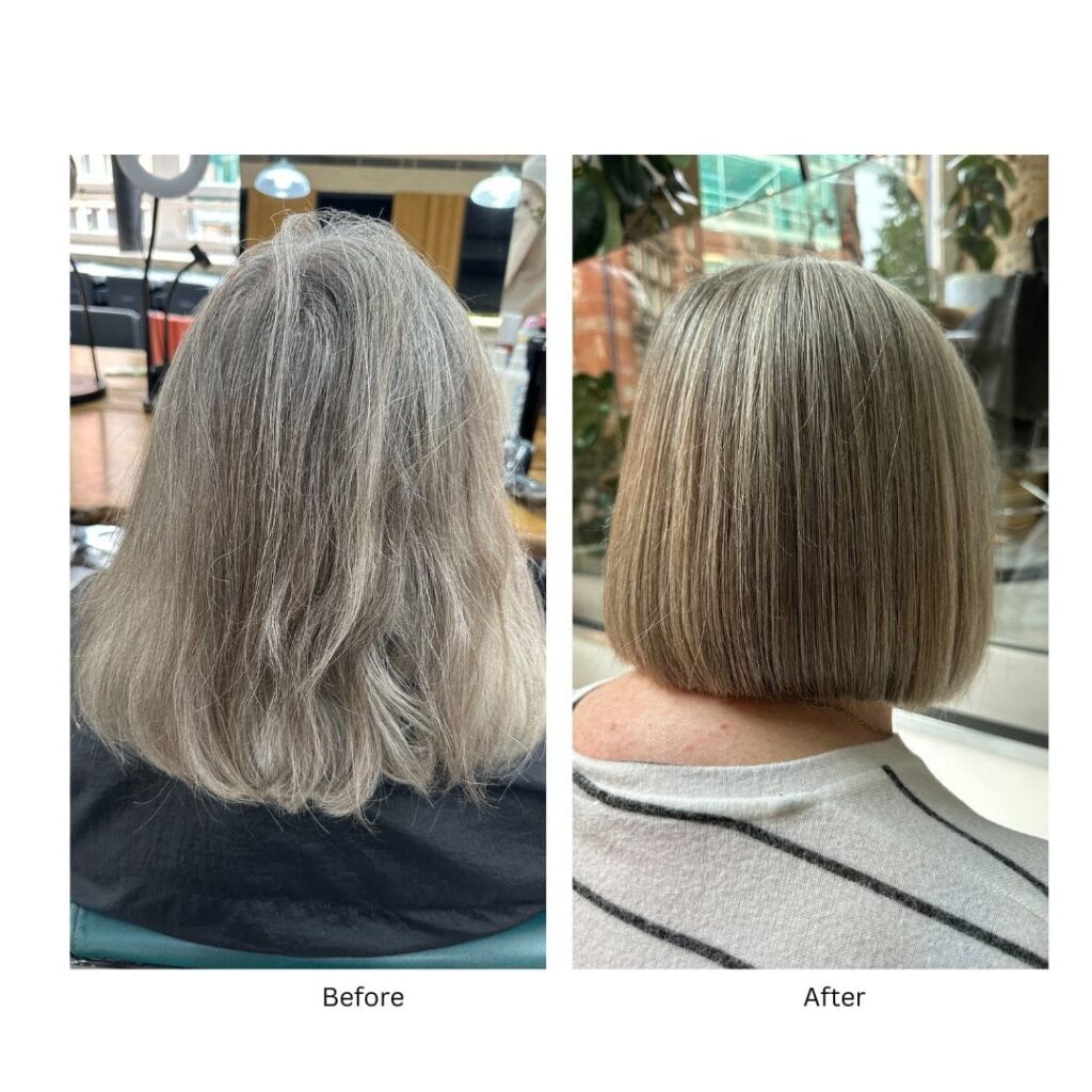 before and after picture of the back of a woman's head after a ketastraight treatment