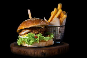 chicken burger and chips