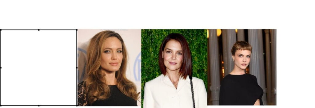 3 women with square face shapes with long hair and a bob and a fringe