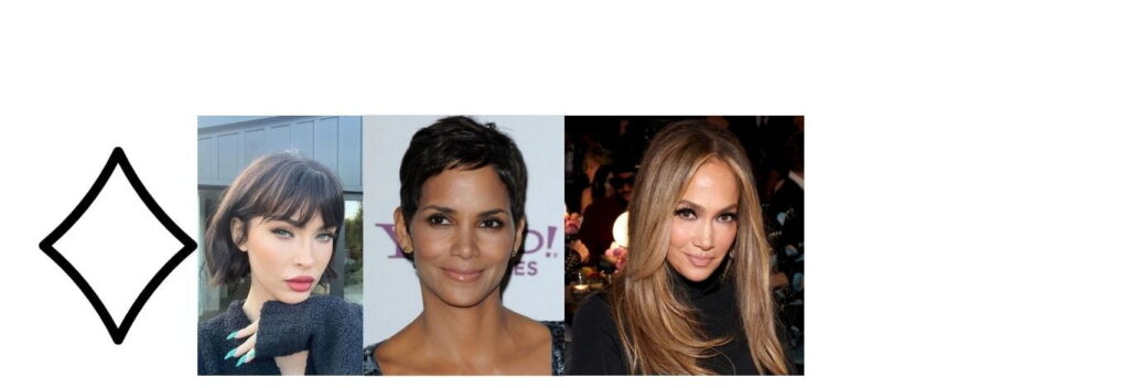 diamond shape outline 3 women with a bob pixie cut and layered hair