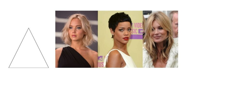 triangle outline 3 woman with a bob pixie cut and layered hair cut