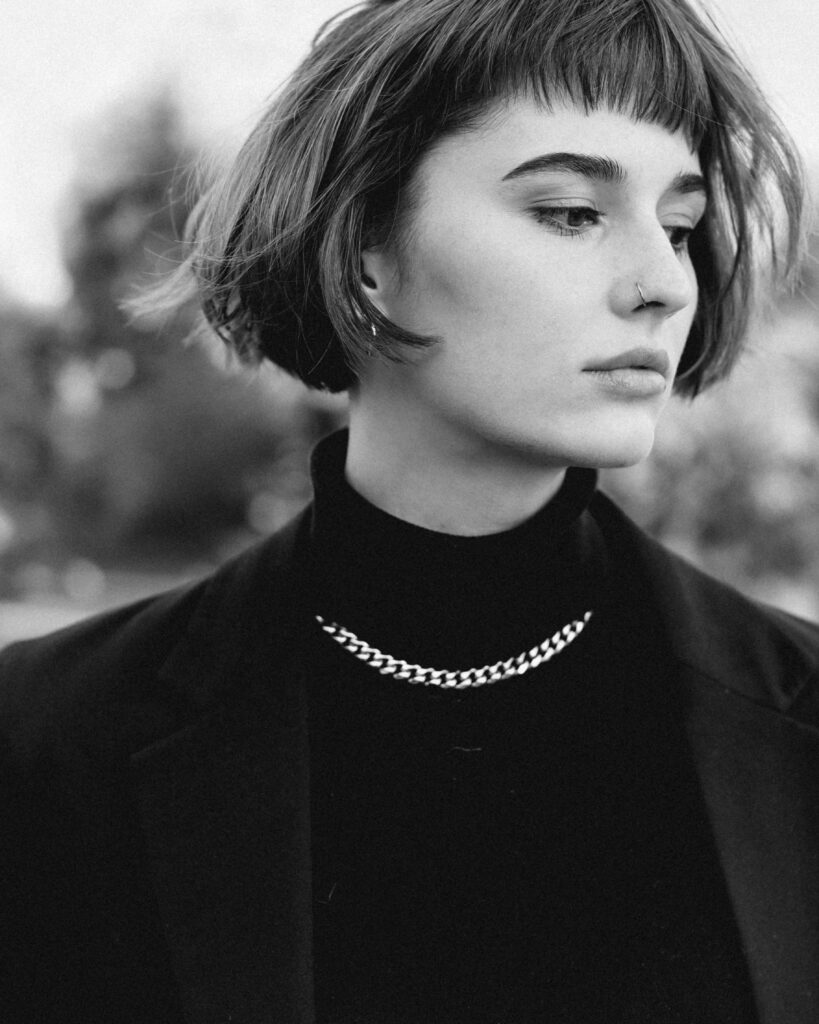 lady in black and white with bob